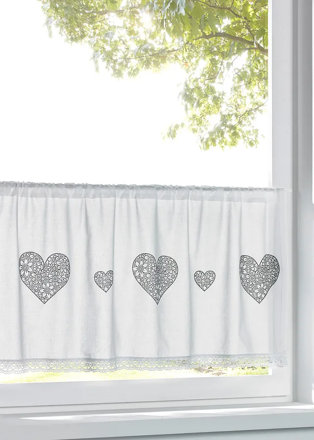 Vitrážková záclona so srdiečkovou potlačou, bio bavlna