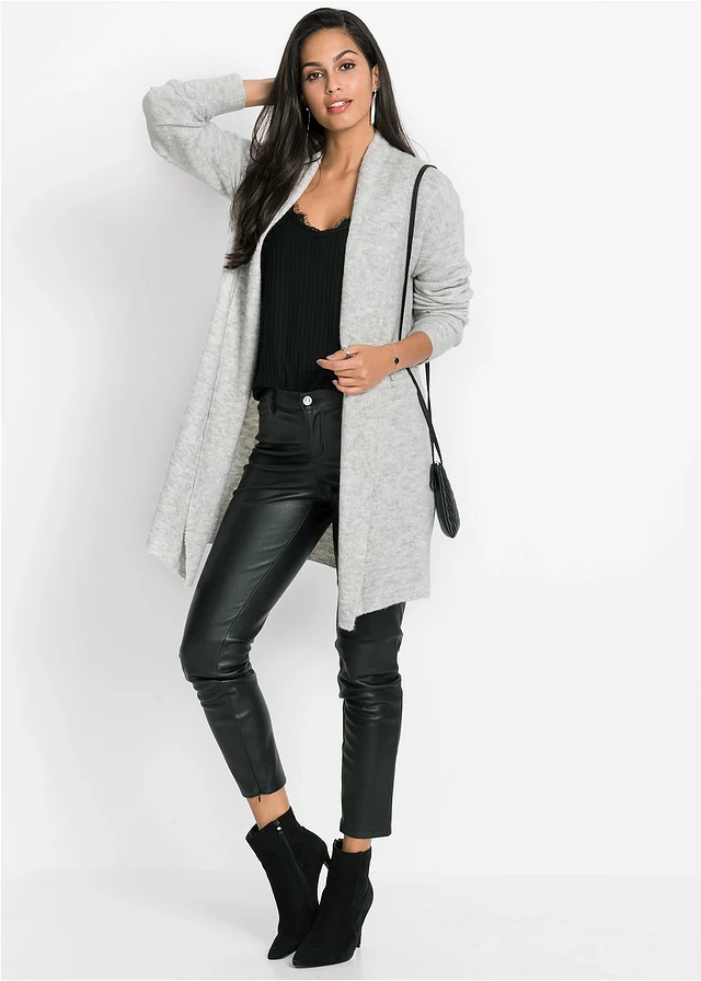 Gilet long en maille à col châle, Couleur: gris clair chiné