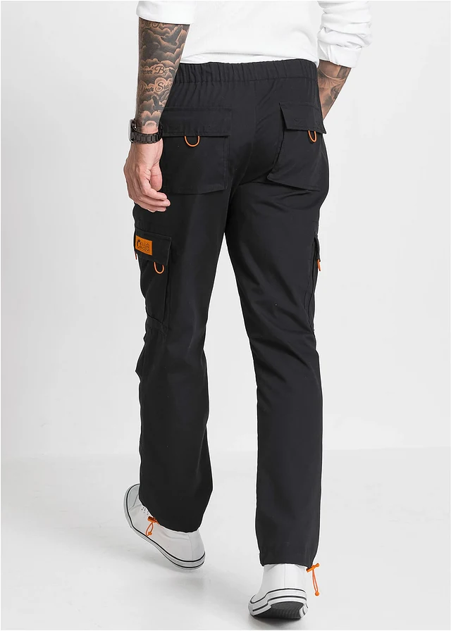 Pantalon cargo droit et décontracté à taille élastiquée, Couleur: noir/orange