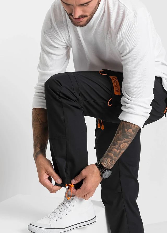 Pantalon cargo droit et décontracté à taille élastiquée • noir/orange • product-page.page-title-suffix