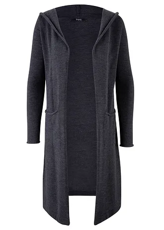 Dlouhý pletený kabátek s kapucí, barva: antracitový melír