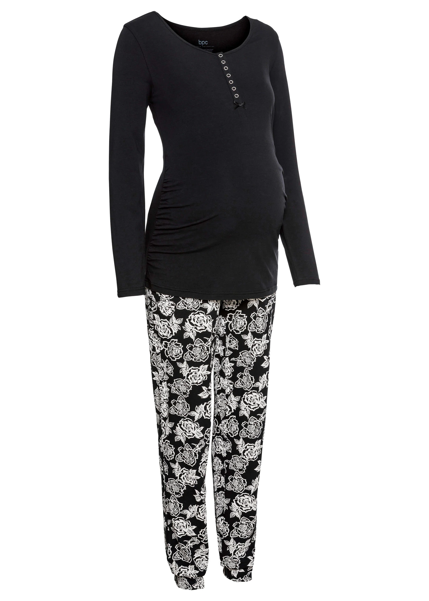 Pyjama d’allaitement en coton extensible • noir-fleurs • Boutique bonprix
