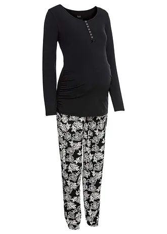 Pyjama d’allaitement en coton extensible • noir-fleurs • Boutique bonprix