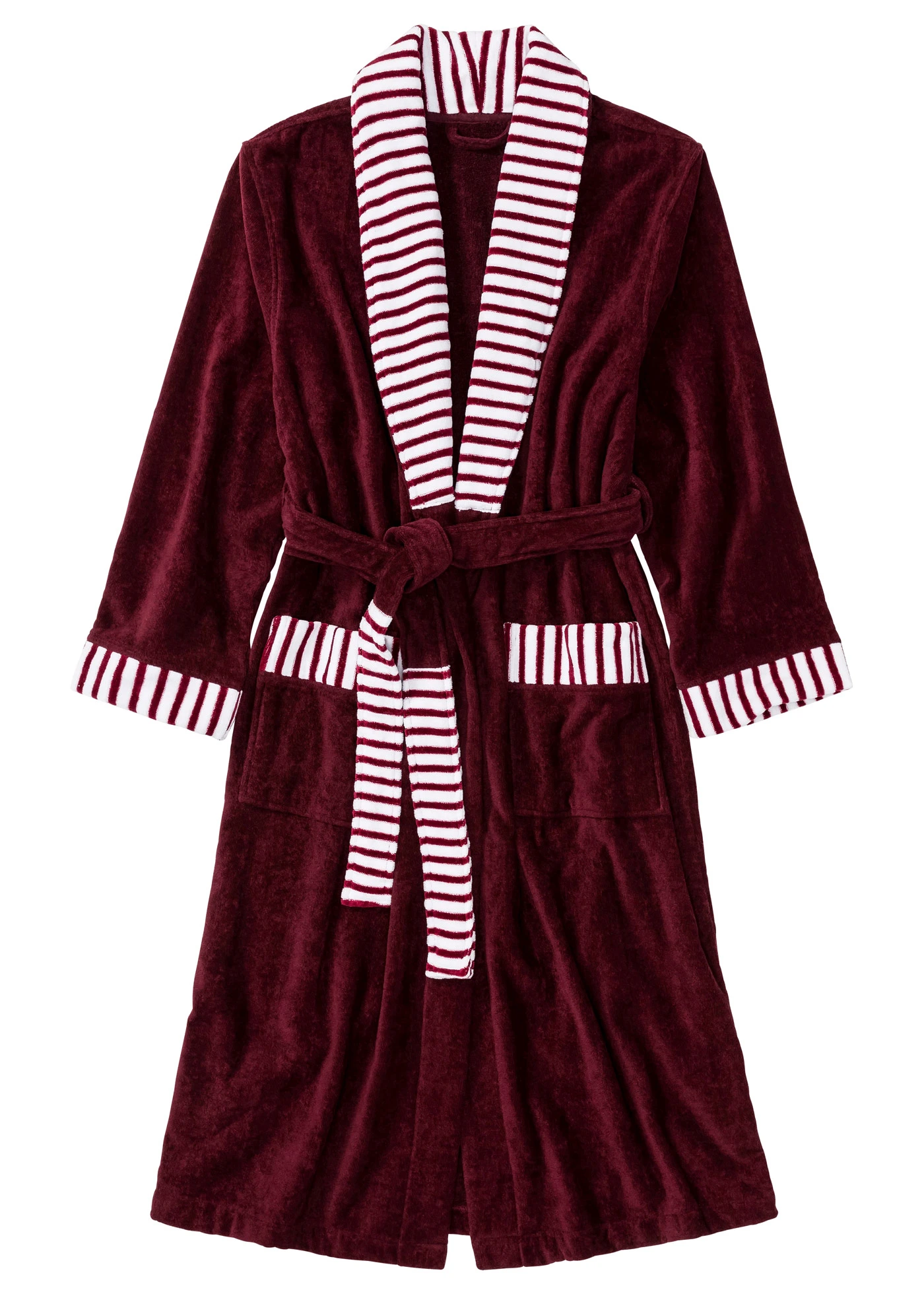 Halat baie flauşat, din bumbac • vișiniu/alb cu dungi • magazin bonprix