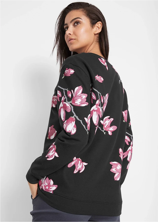 Sweater van katoen, wijd model, Kleur: zwart gebloemd
