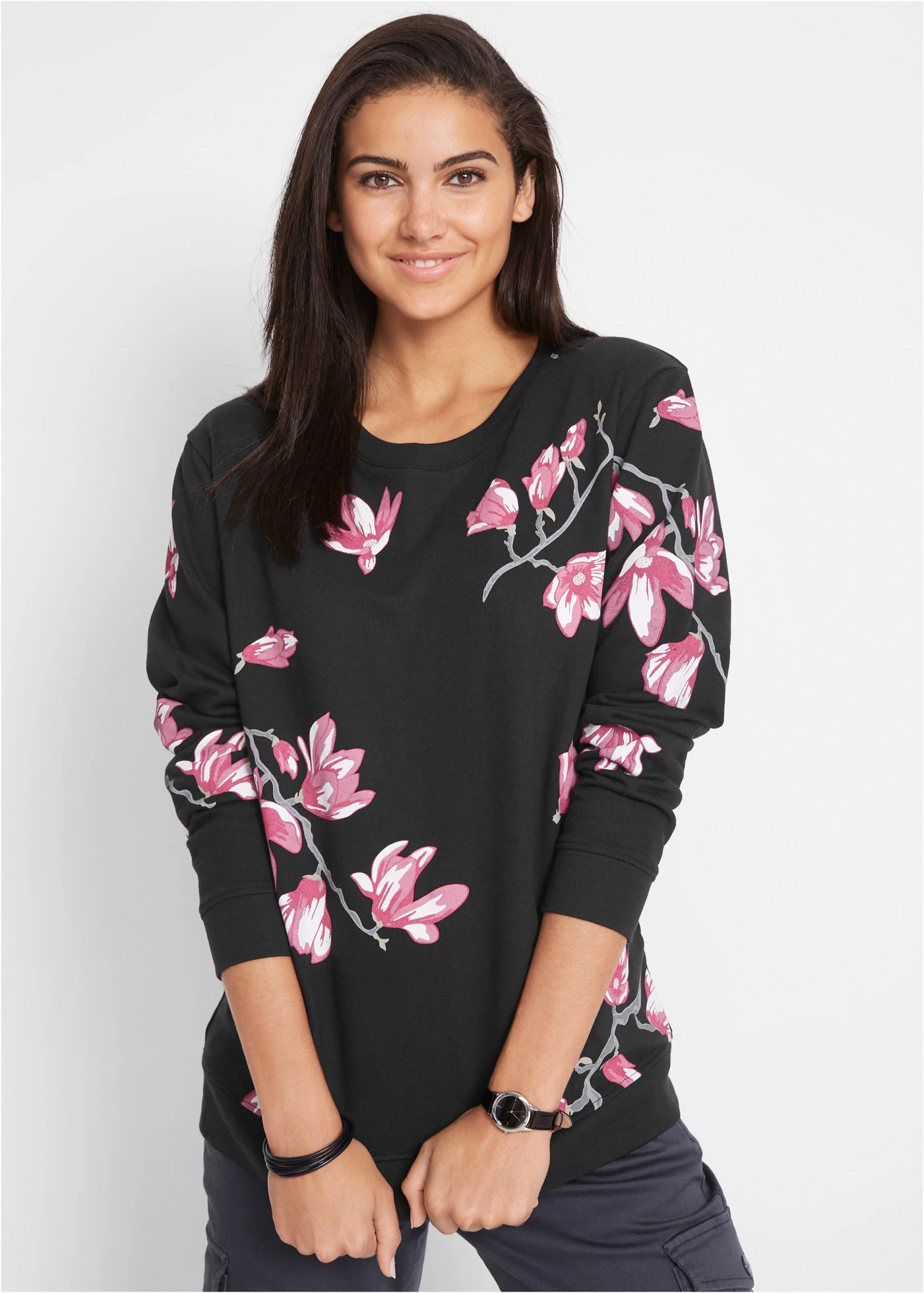 Sweat ample 100% coton • noir floral • Boutique bonprix