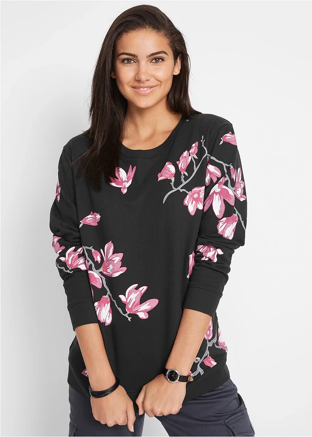 Sweater van katoen, wijd model, Kleur: zwart gebloemd