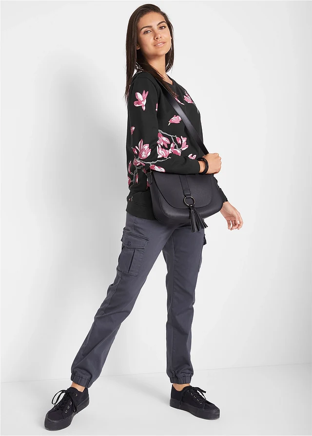 Sweat ample 100% coton, Couleur: noir floral