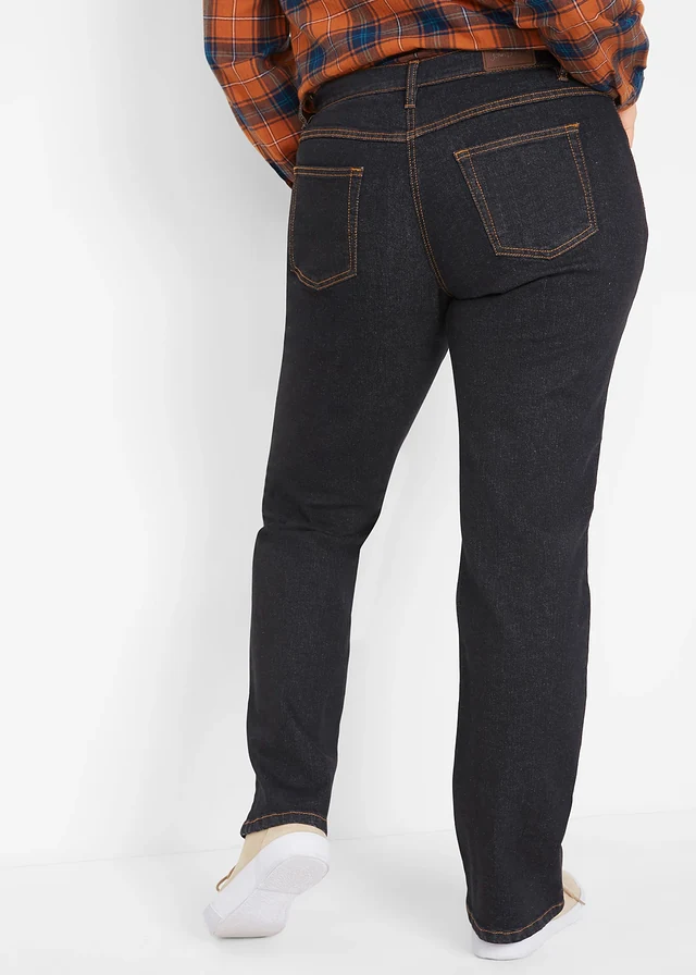 Mid waist stretch jeans, straight, Kleur: zwart