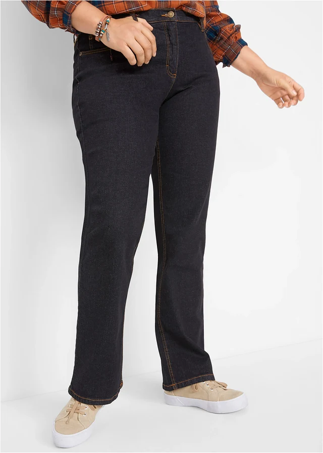 Mid waist stretch jeans, straight, Kleur: zwart