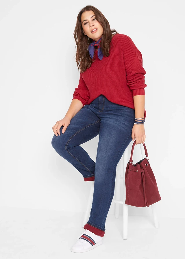 Jean droit taille haute, thermique, Couleur: bleu foncé used