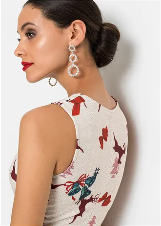 Kokerjurk van stevig scuba met kerstprint • beige-groen-rood • bonprix online shop