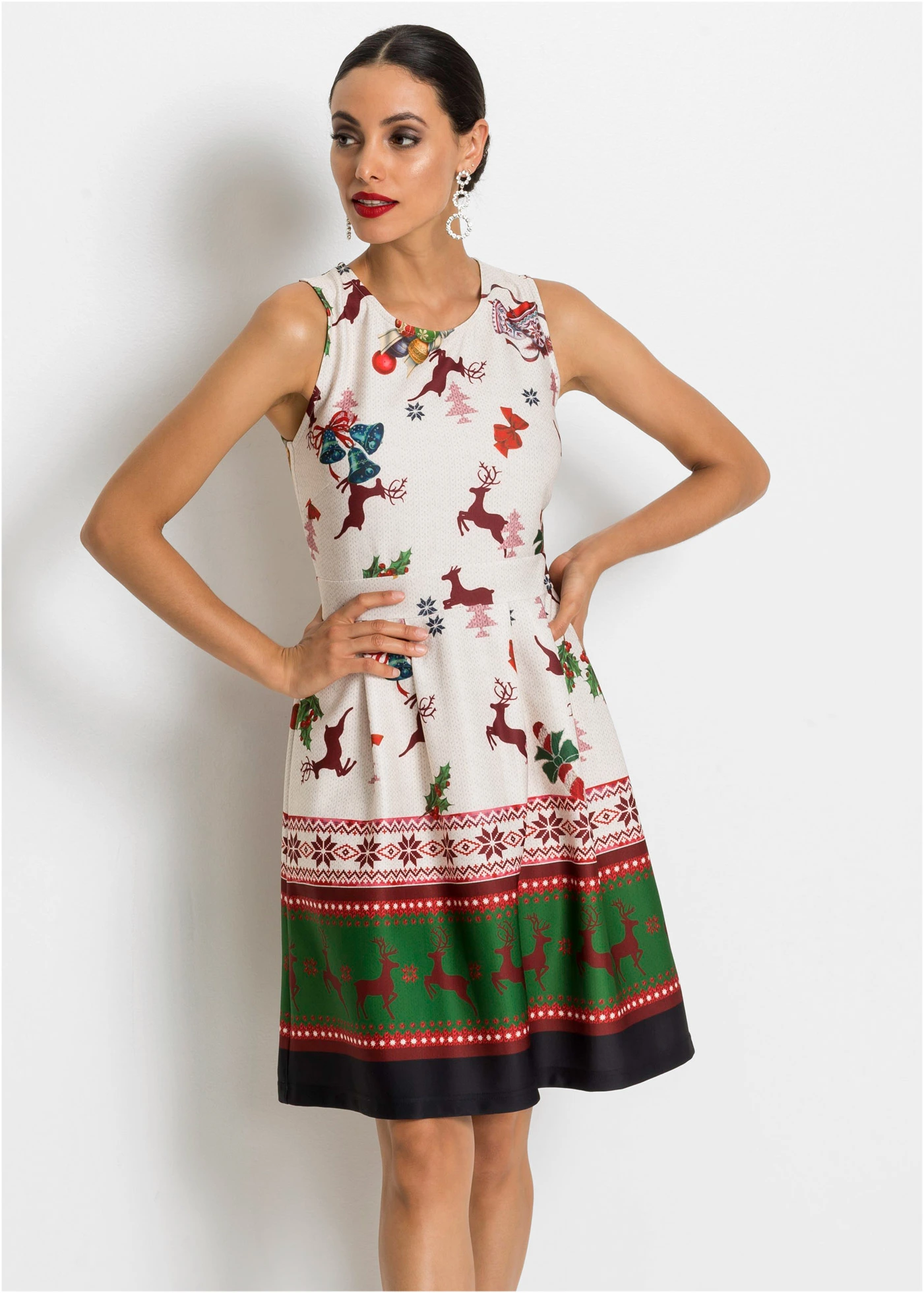 Kokerjurk van stevig scuba met kerstprint • beige-groen-rood • bonprix online shop