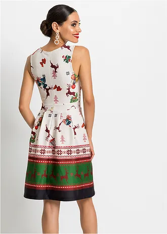 Kokerjurk van stevig scuba met kerstprint • beige-groen-rood • bonprix online shop