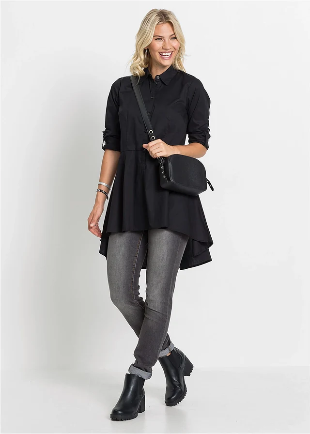 Chemisier long avec volant, Couleur: noir