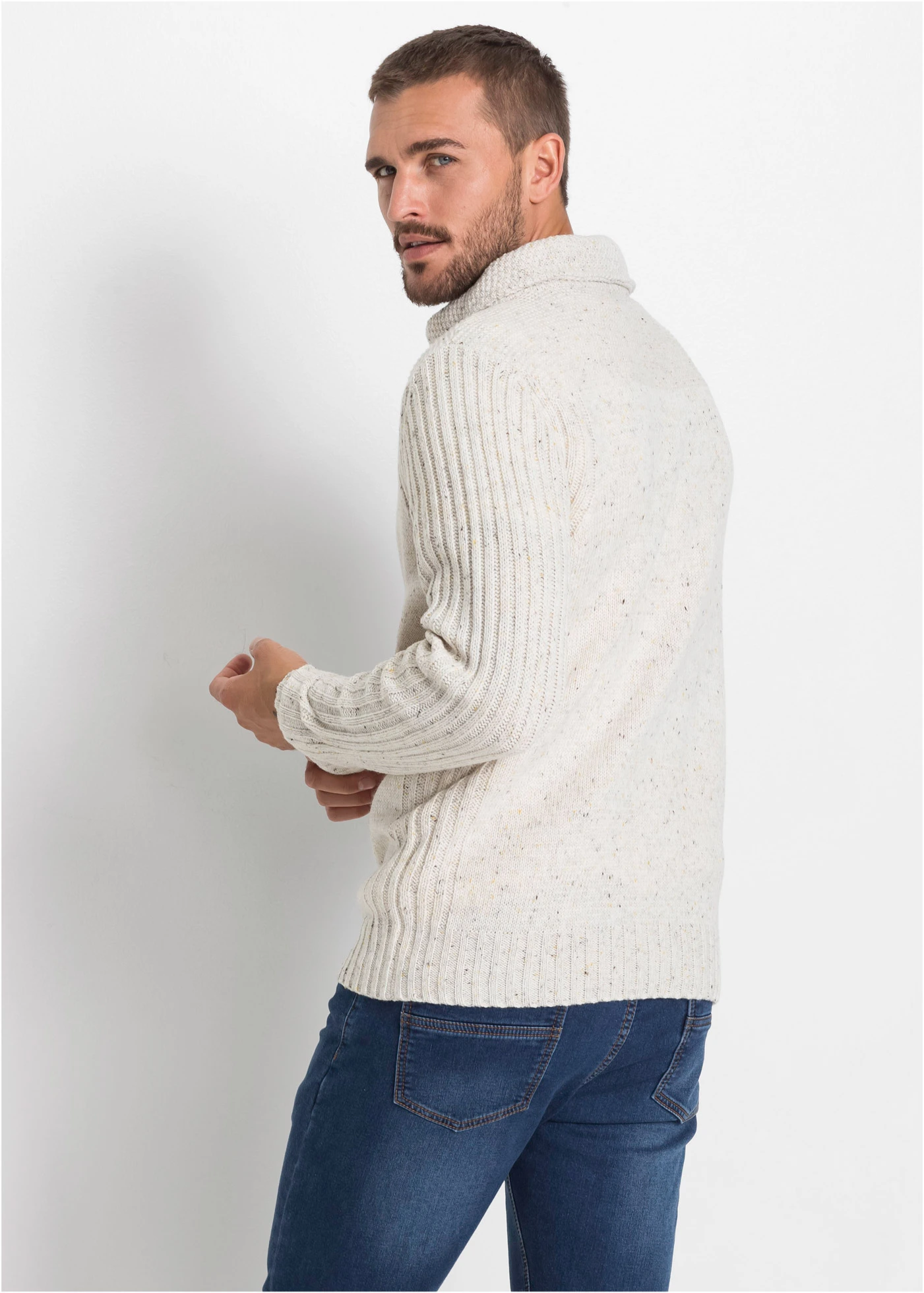 Pull en grosse maille à col châle • beige • Boutique bonprix