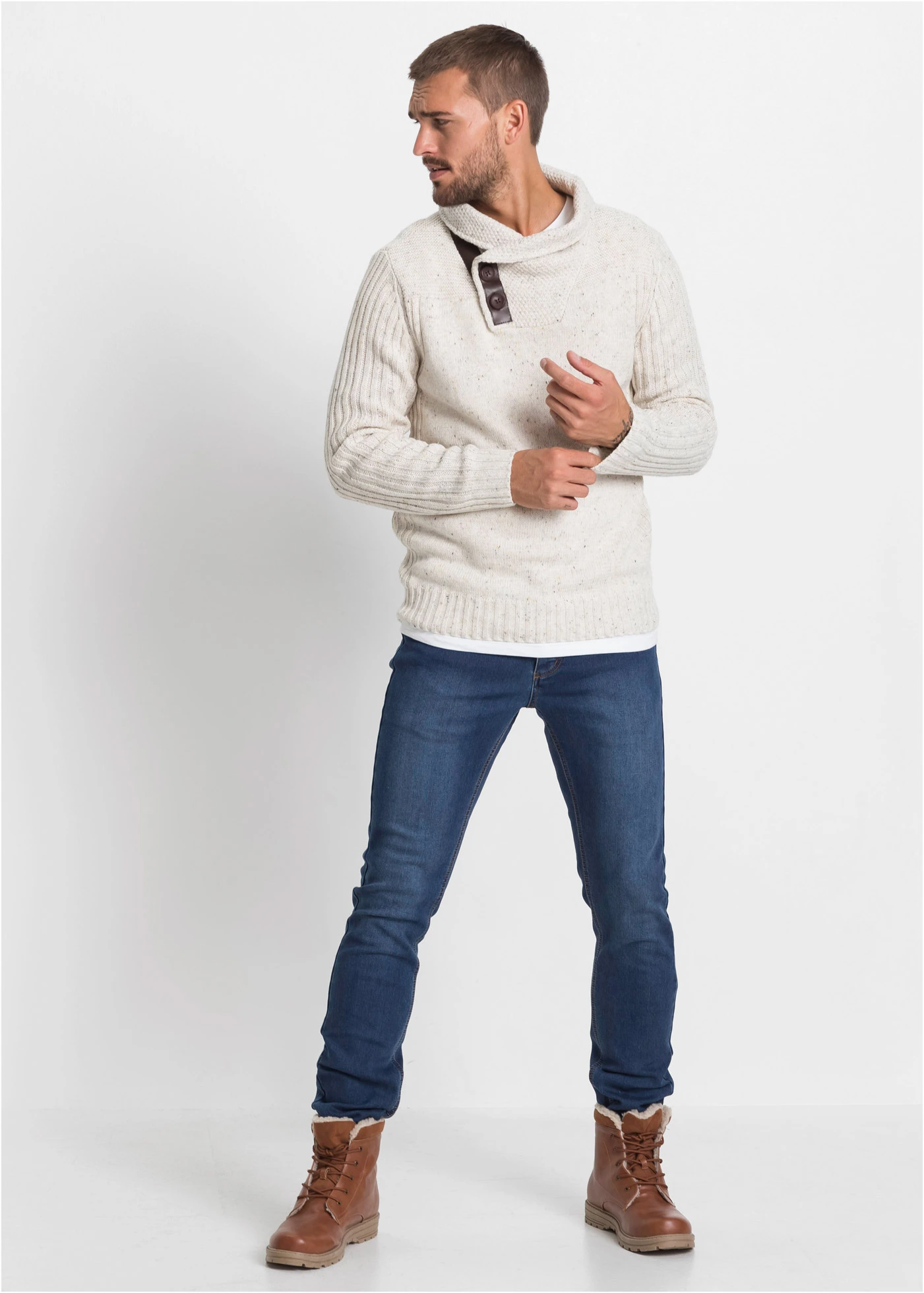 Pull en grosse maille à col châle • beige • Boutique bonprix