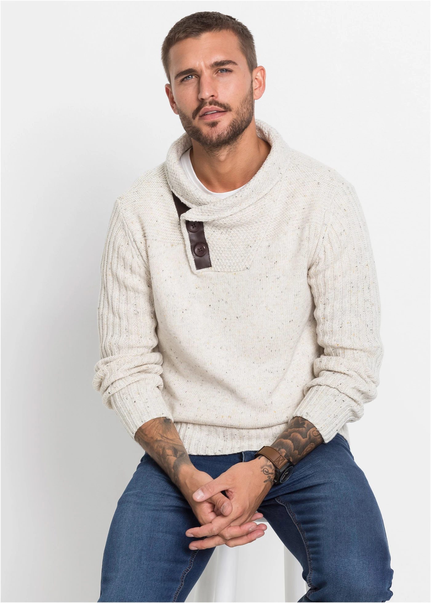 Pull en grosse maille à col châle • beige • Boutique bonprix