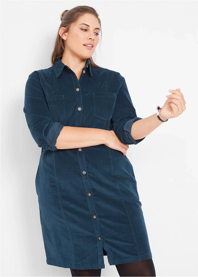 Corduroy stretch jurk, Kleur: donkerblauw