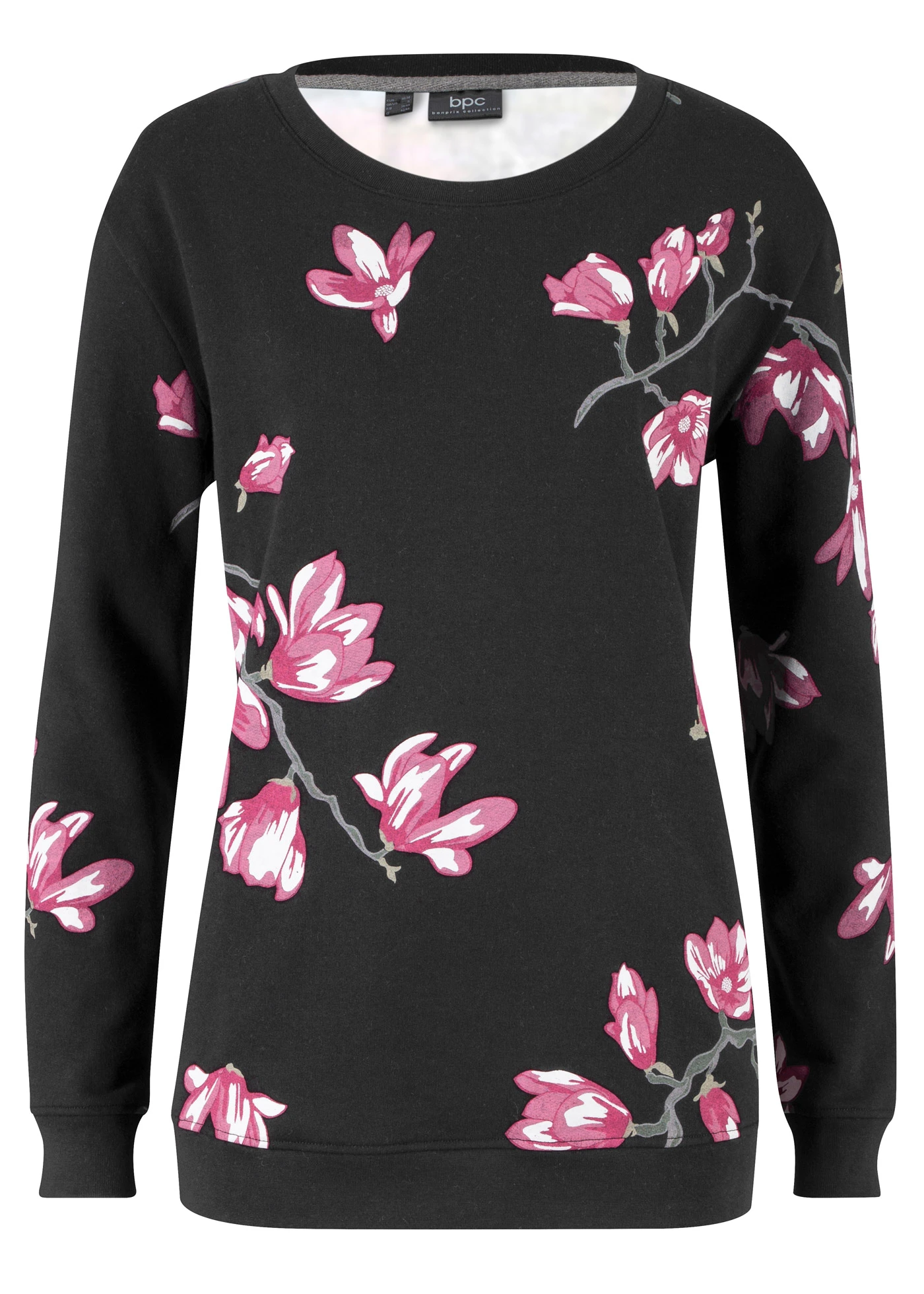 Mikina z čisté bavlny, volný střih • černá s květy • bonprix obchod