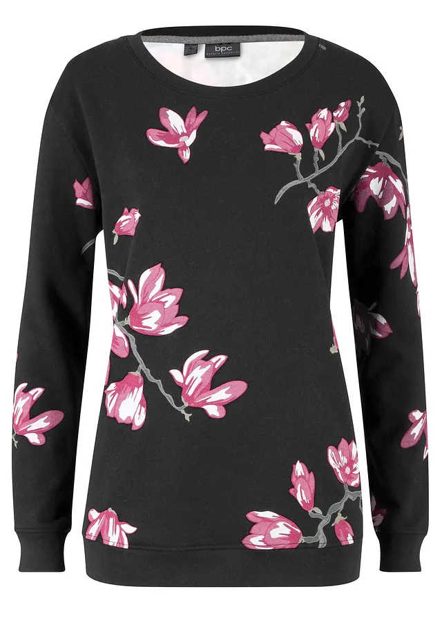 Mikina z čisté bavlny, volný střih • černá s květy • bonprix obchod