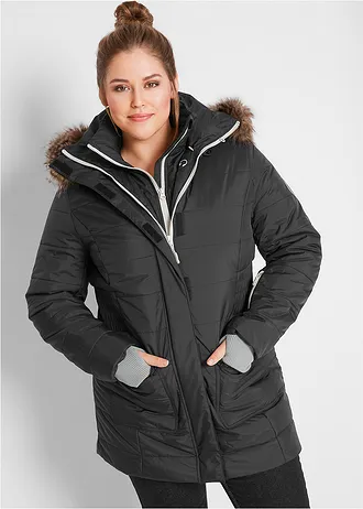 Lange outdoor jas in 2-in-1 look, doorgestikt, waterafstotend, Kleur: zwart