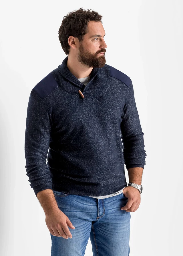 Pull en fine maille à col châle, Couleur: bleu foncé chiné