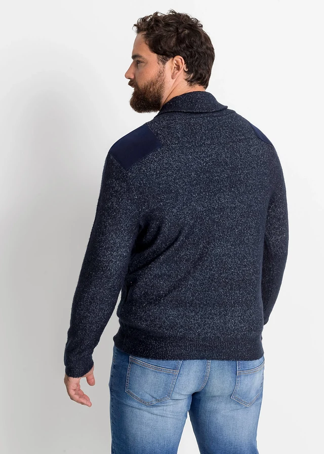 Pull en fine maille à col châle, Couleur: bleu foncé chiné