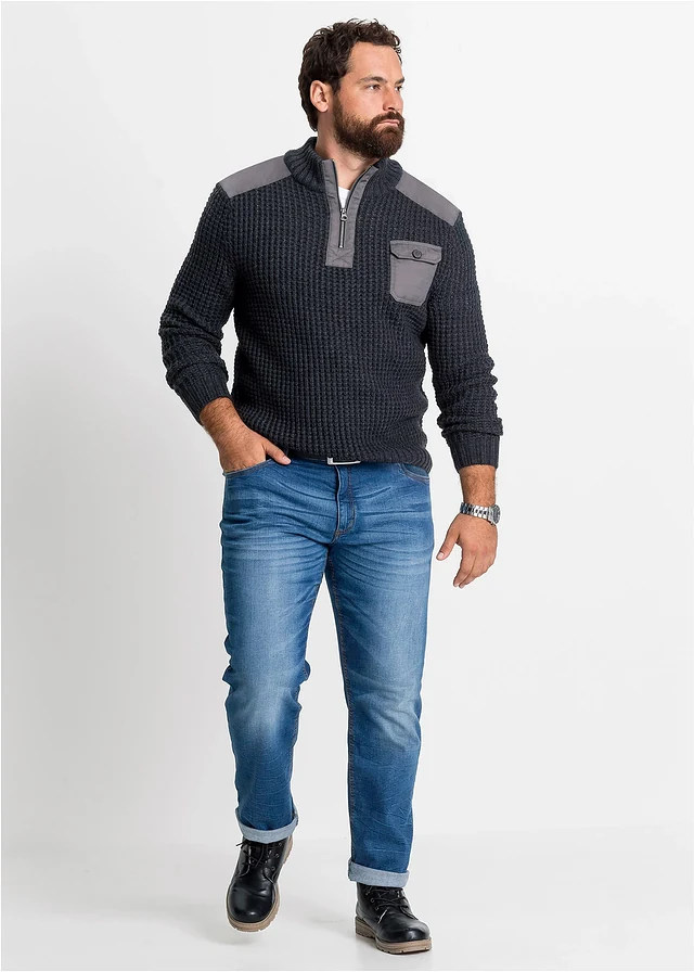 Pull camionneur en grosse maille avec empiècements en tissu, Couleur: anthracite chiné