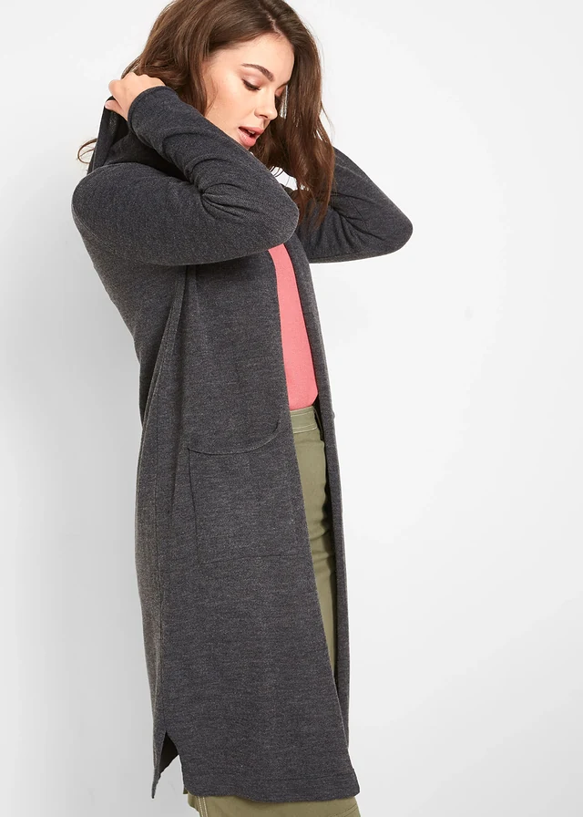 Gilet long en maille à capuche, Couleur: anthracite chiné