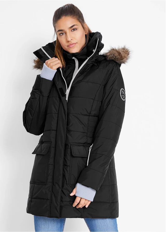 Parka longue style 2-en-1, matelassée et déperlante, Couleur: noir