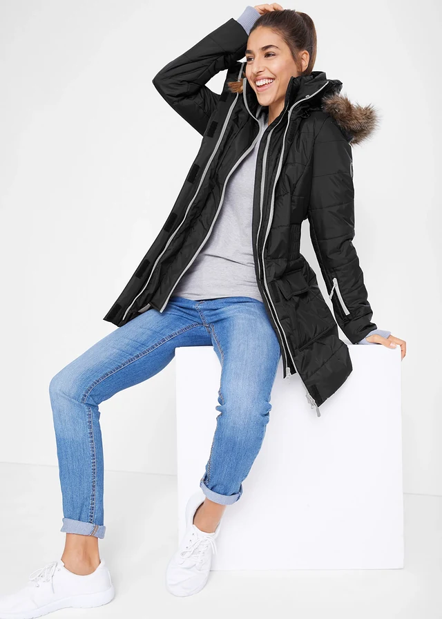 Parka longue style 2-en-1, matelassée et déperlante, Couleur: noir