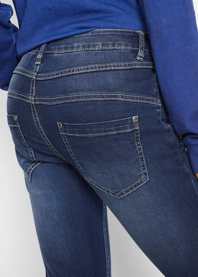 Jeansy ze stretchem o kroju bootcut, mid waist • ciemnoniebieski "used" • sklep bonprix
