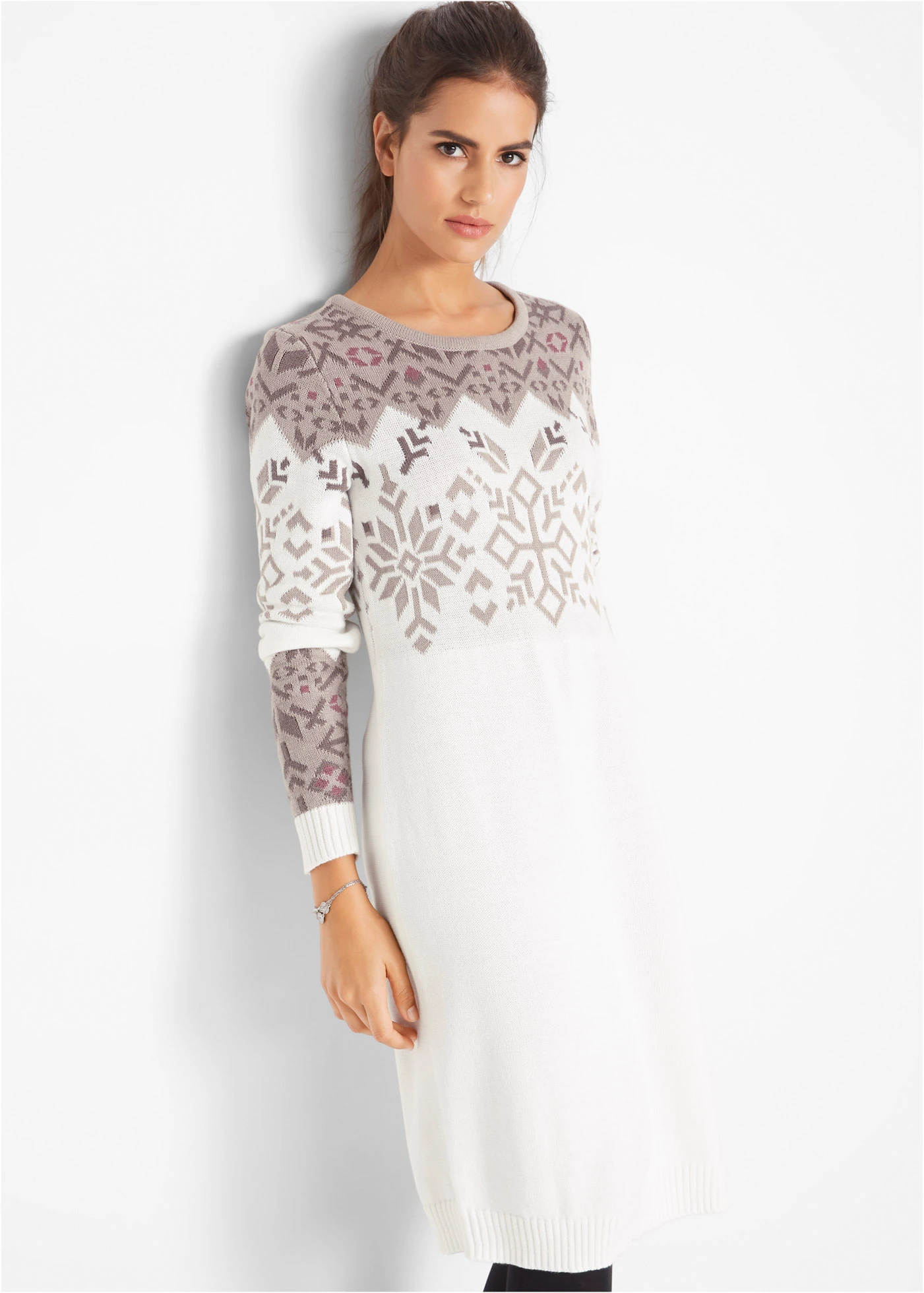 Pletené šaty s norským vzorem • světle krémová - béžovošedá - tmavě šedá - matně bobulová • bonprix obchod