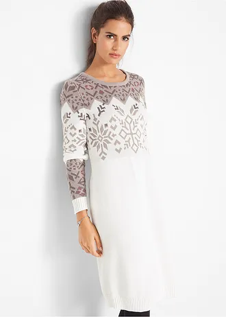 Rochie tricotată cu motive norvegiene, culoare: alb ivory / bej     / maro / mov-afină mat
