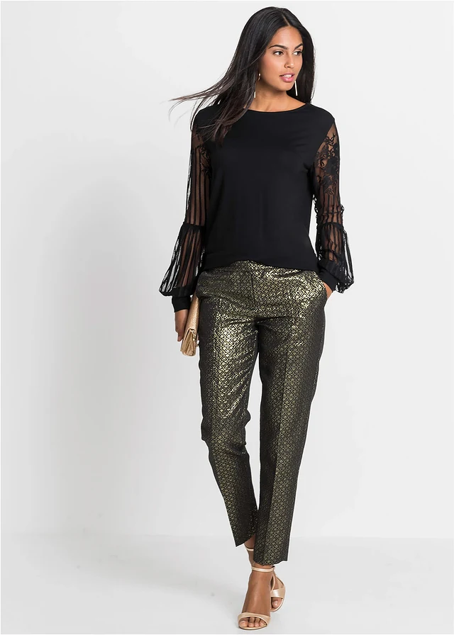 Longsleeve met kanten mouwen, Kleur: zwart