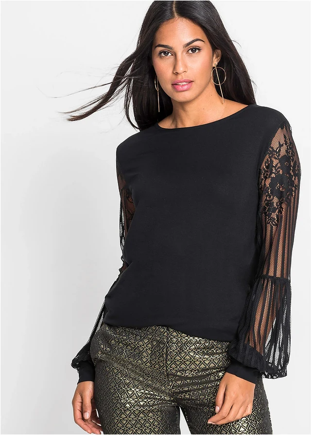 Longsleeve met kanten mouwen • zwart • product-page.page-title-suffix