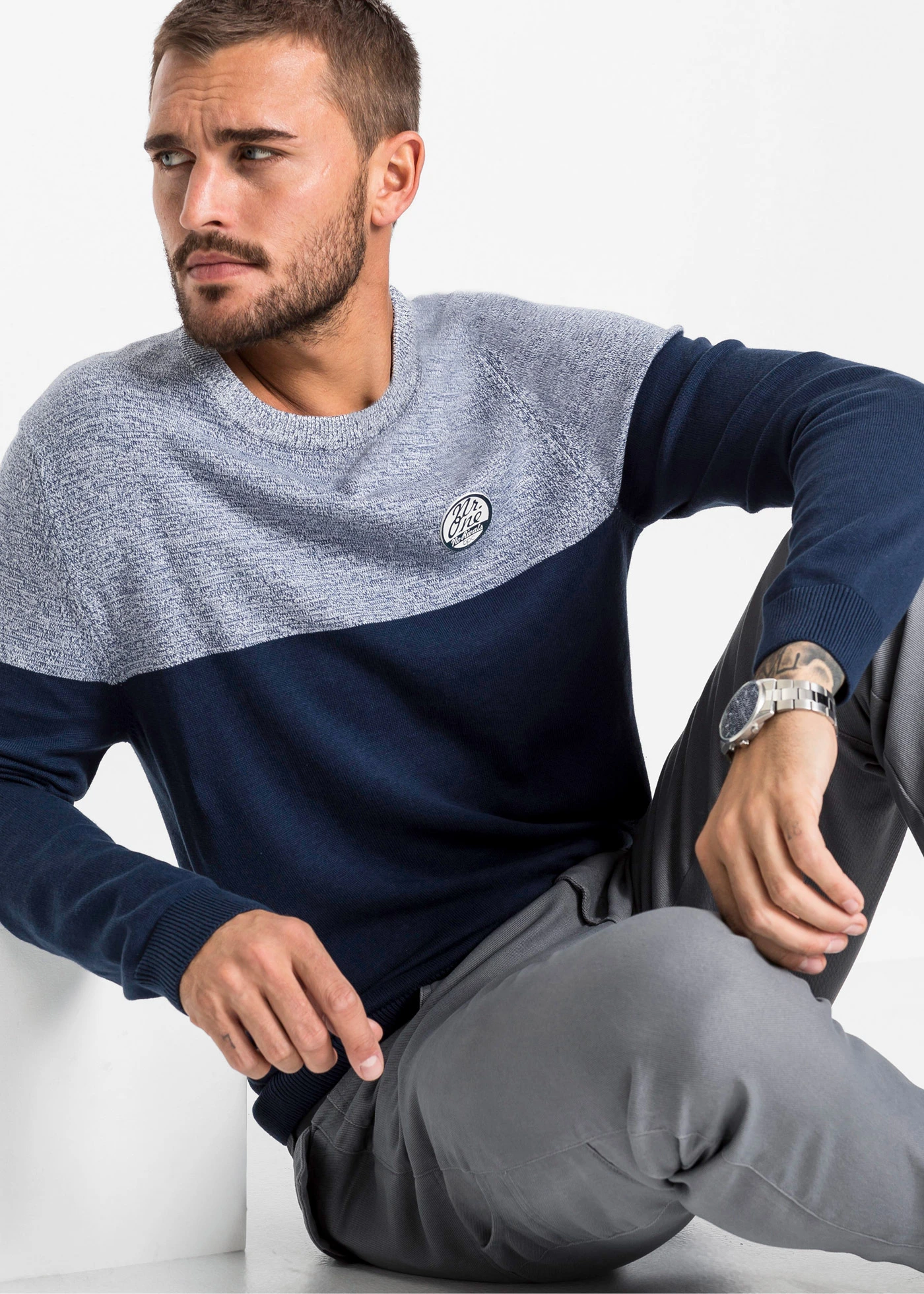 Pull en fine maille effet color block • indigo chiné-bleu foncé • Boutique bonprix