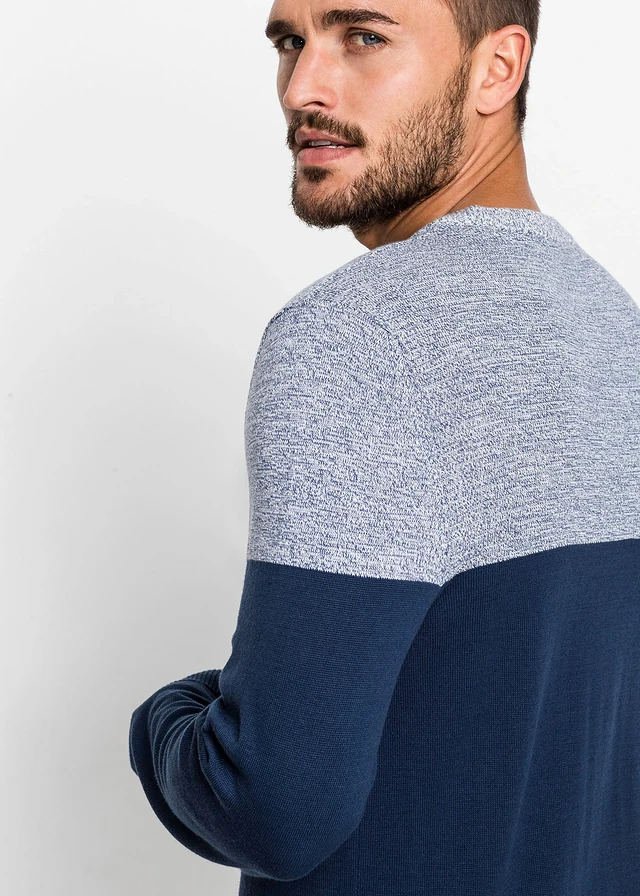 Fijn gebreide trui met colourblocking en katoen • indigo gemêleerd-donkerblauw • product-page.page-title-suffix