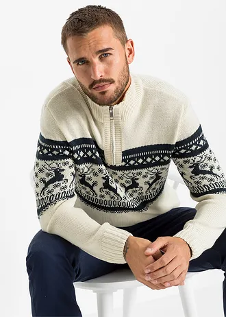 Norský svetr s límečkem na zip • přírodní se vzorem • bonprix obchod