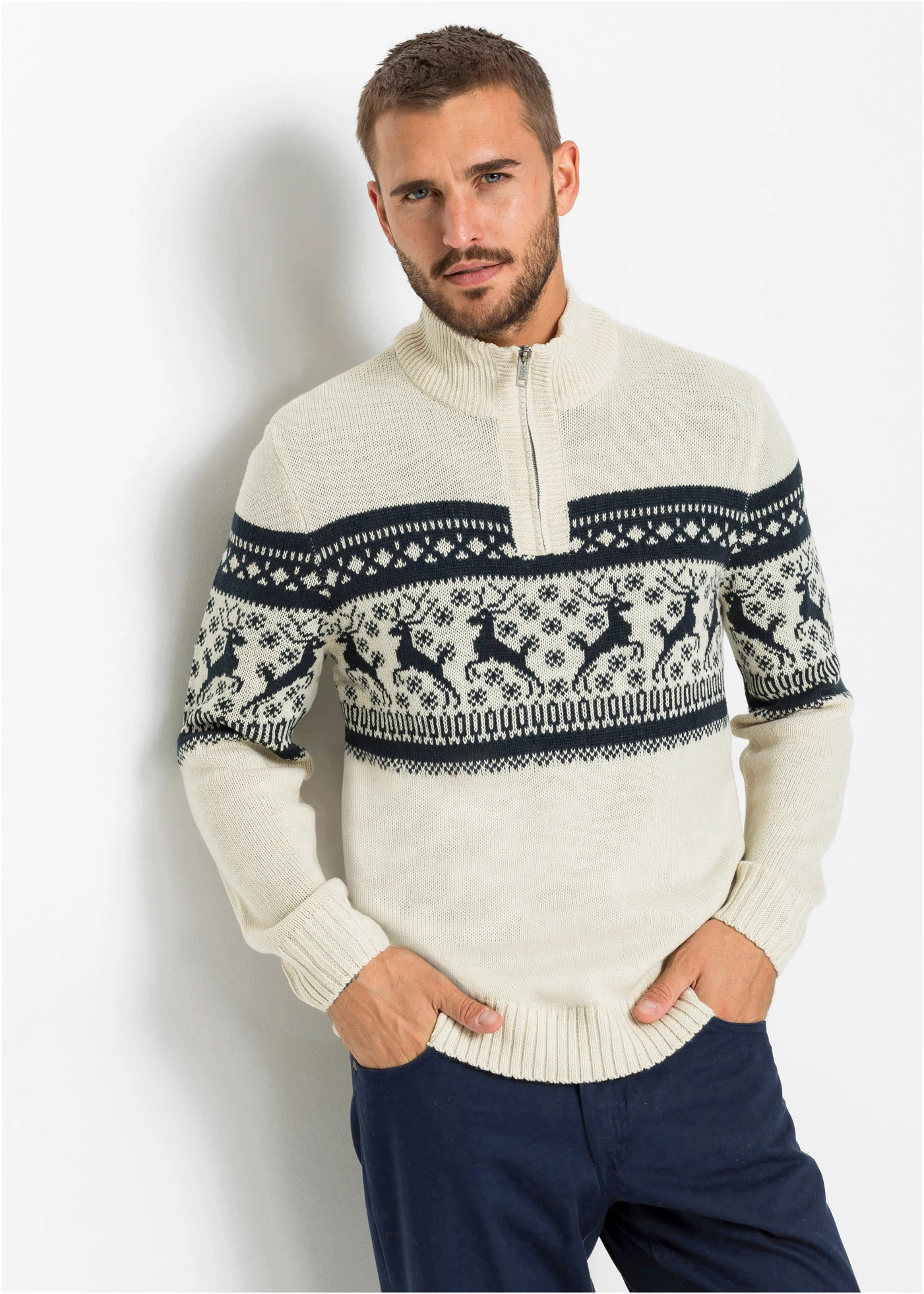Norský svetr s límečkem na zip • přírodní se vzorem • bonprix obchod