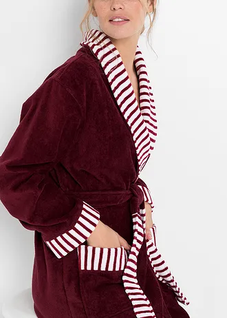 Szlafrok z bawełny frotte • ciemnoczerwono-biały w paski • sklep bonprix