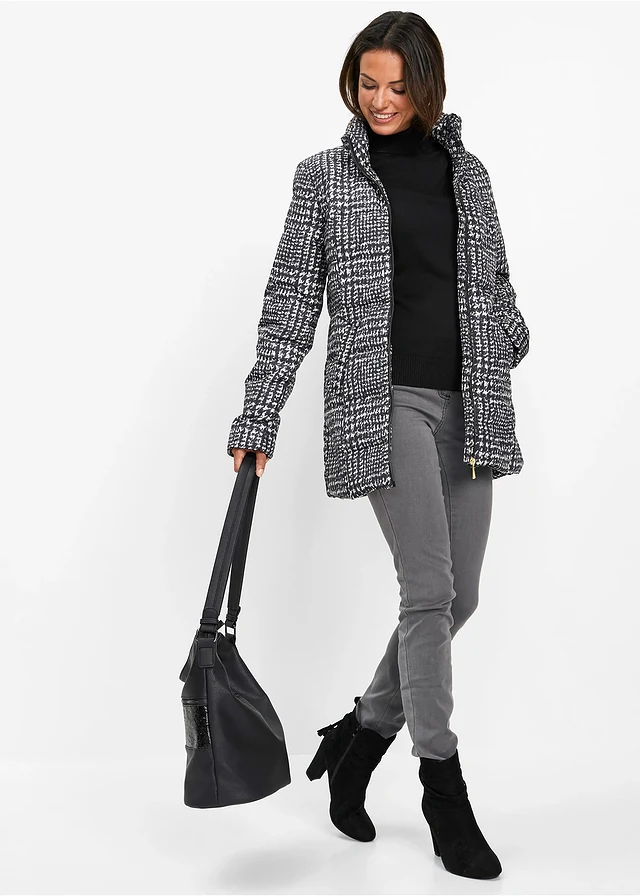 Doudoune longue, Couleur: noir-beige galet carreaux