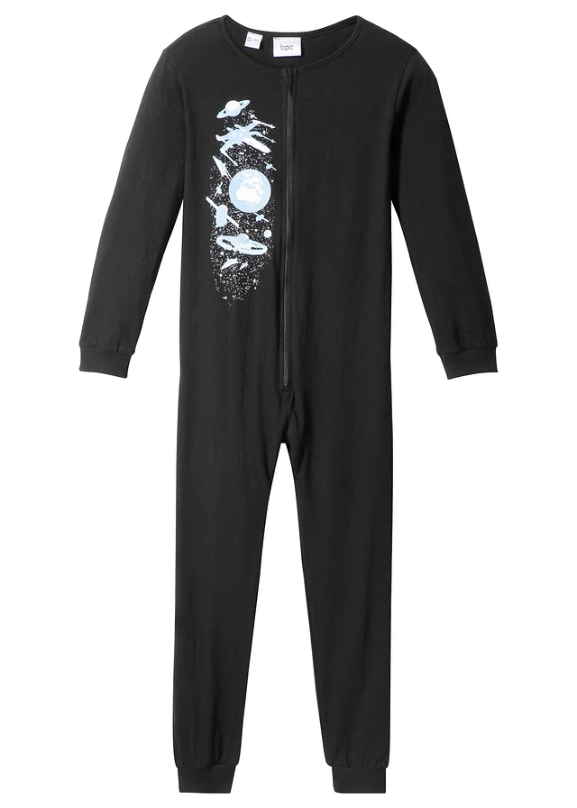 Pyjama onesie van biologisch katoen, Kleur: zwart met print