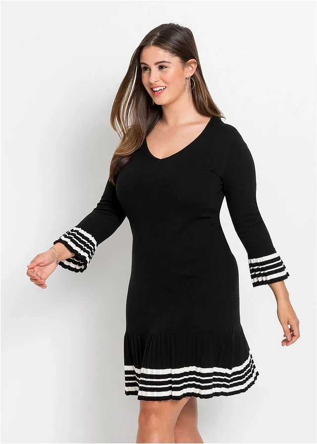 Robe douce en maille, Couleur: noir-écru rayé