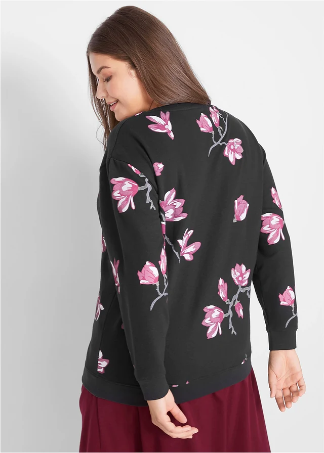 Sweat ample 100% coton, Couleur: noir floral