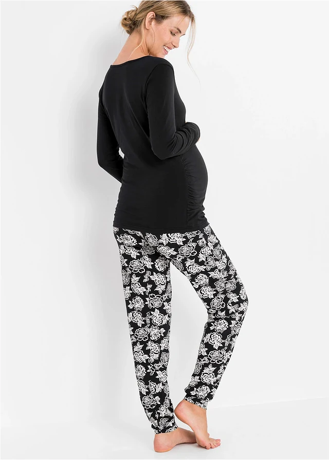 Pyjama d’allaitement en coton extensible, Couleur: noir floral