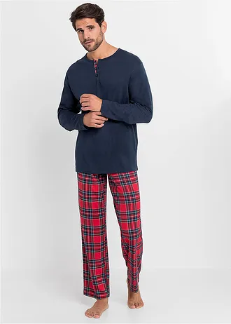 Pijama cu mâneci lungi, cu bandă de nasturi, din bumbac 100% • bleumarin/alb/roșu/verde cadrilat • magazin bonprix