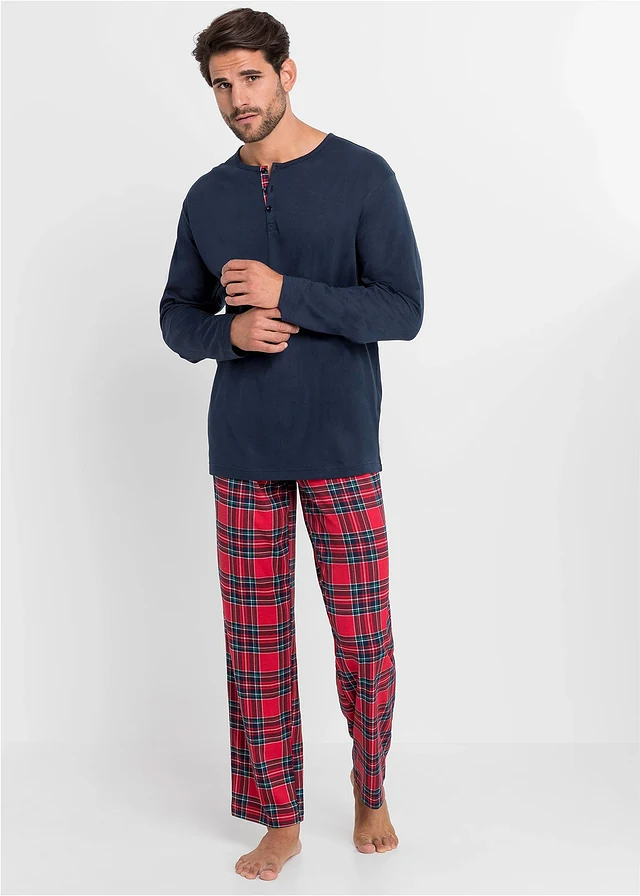 Pyjama van biologisch katoen met lange mouwen en knoopsluiting • donkerblauw-wit-rood-groen geruit • product-page.page-title-suffix