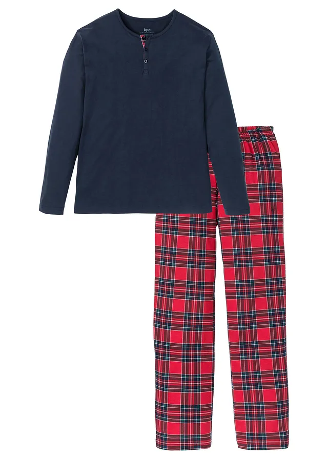 Pijama cu mâneci lungi, cu bandă de nasturi, din bumbac 100% • bleumarin/alb/roșu/verde cadrilat • magazin bonprix